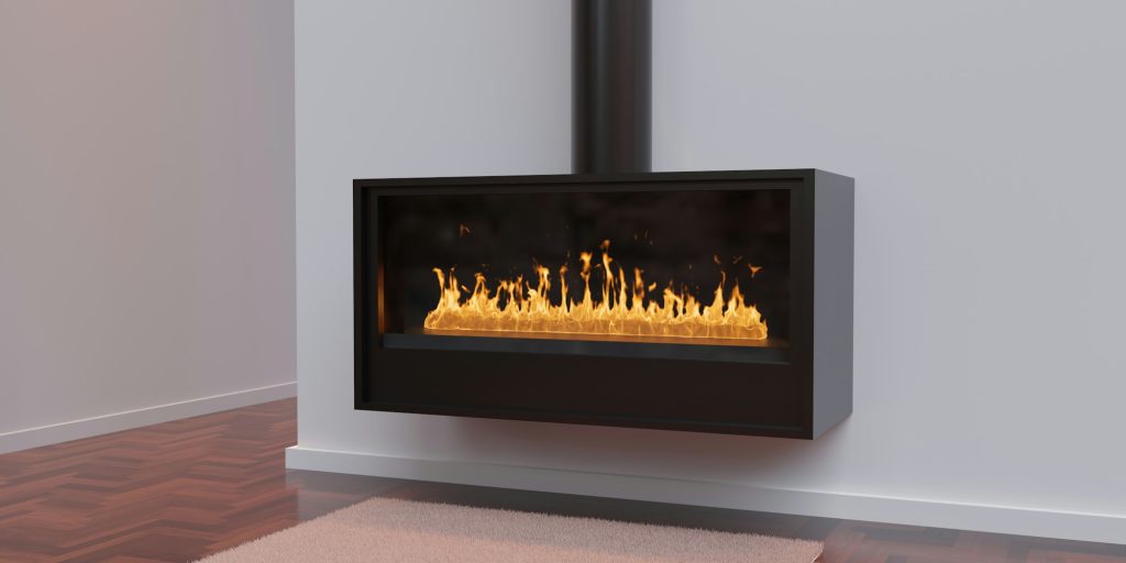 Burning fireplace, cozy home interior. Fire burning, freestanding gas stove